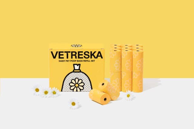 Vetreska - Set di sacchetti per escrementi alla fragola e dispenser: Standard / Daisy