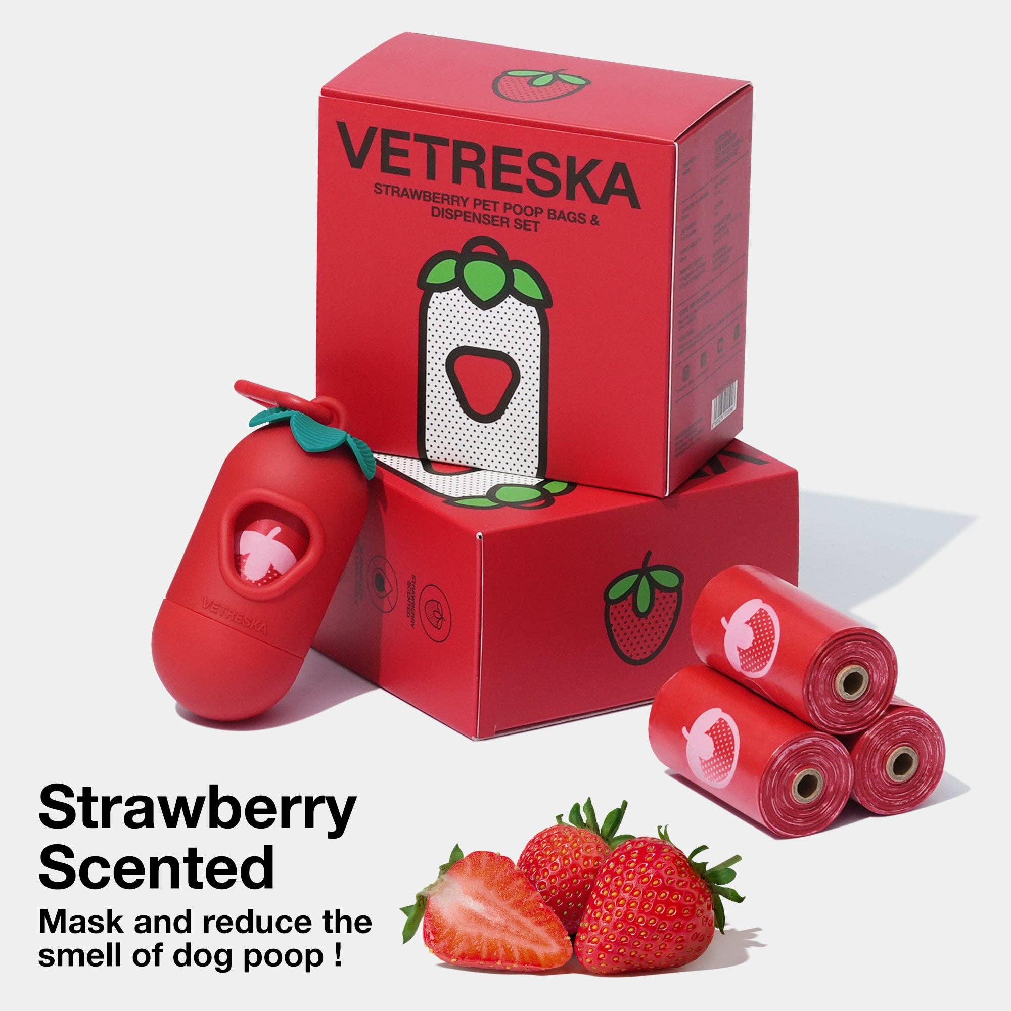 Vetreska - Set di sacchetti per escrementi alla fragola e dispenser: Standard / Strawberry